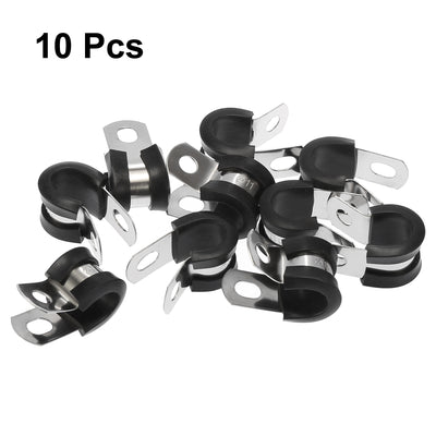 Harfington 10pcs R Shape Automotive 304 Stainless Steel Cable Clamp Rubber Cushioned Metal Clamp Fastener for Tube Pipe Wire Installation