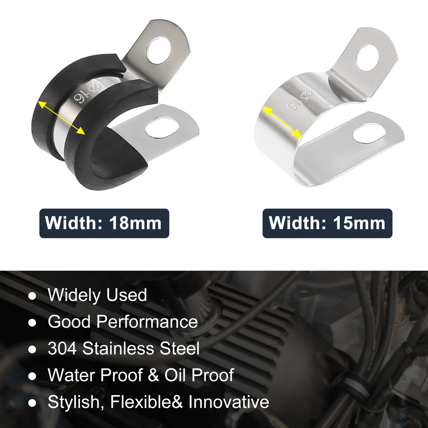 Harfington 10pcs R Shape Automotive 304 Stainless Steel Cable Clamp Rubber Cushioned Metal Clamp Fastener for Tube Pipe Wire Installation