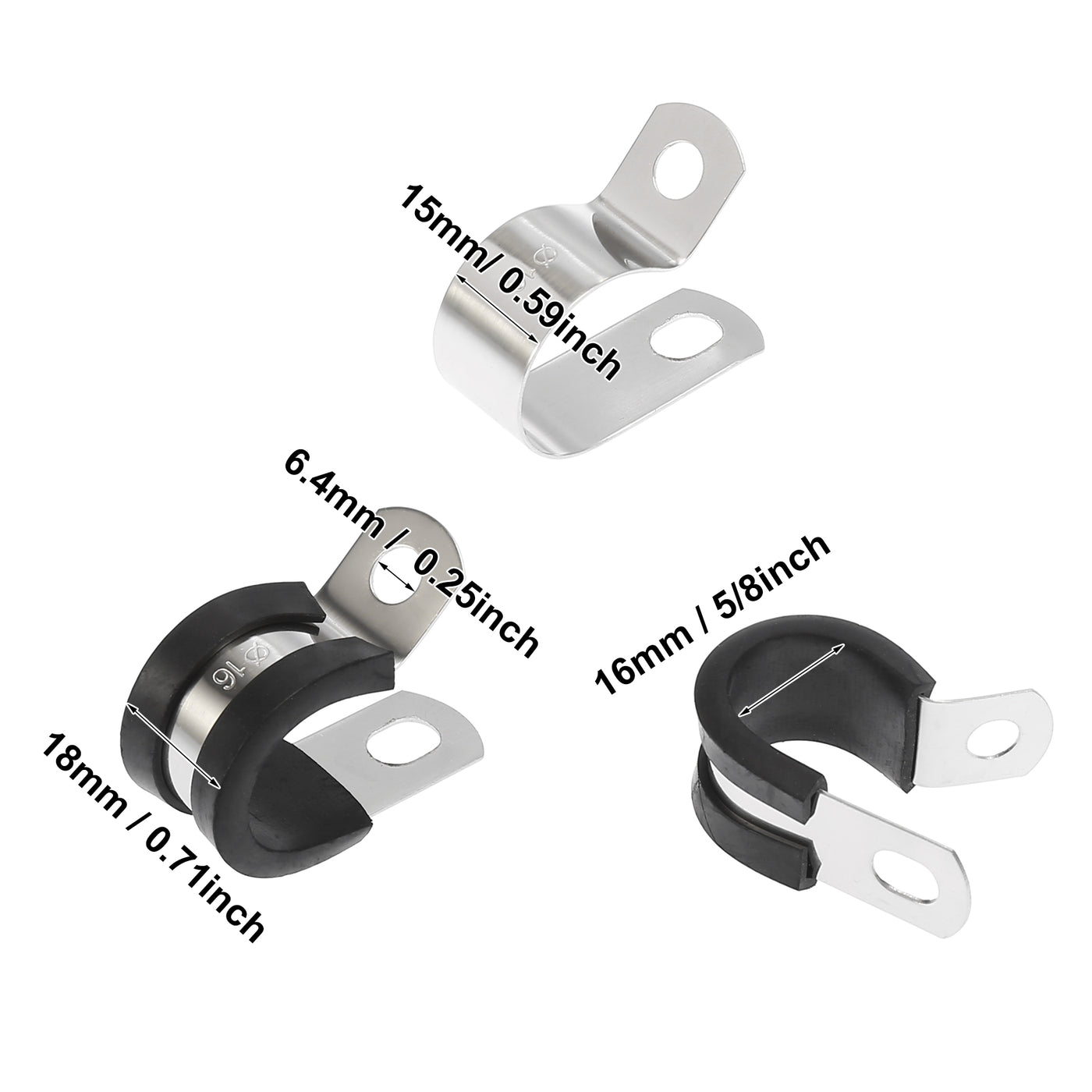 Harfington 10pcs R Shape Automotive 304 Stainless Steel Cable Clamp Rubber Cushioned Metal Clamp Fastener for Tube Pipe Wire Installation