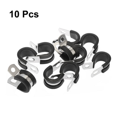 Harfington 10pcs R Shape Automotive 304 Stainless Steel Cable Clamp Rubber Cushioned Metal Clamp Fastener for Tube Pipe Wire Installation
