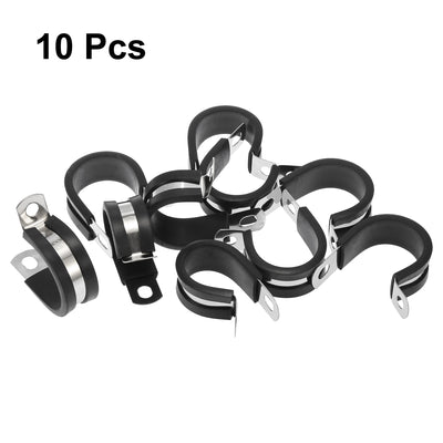 Harfington 10pcs R Shape Automotive 304 Stainless Steel Cable Clamp Rubber Cushioned Metal Clamp Fastener for Tube Pipe Wire Installation