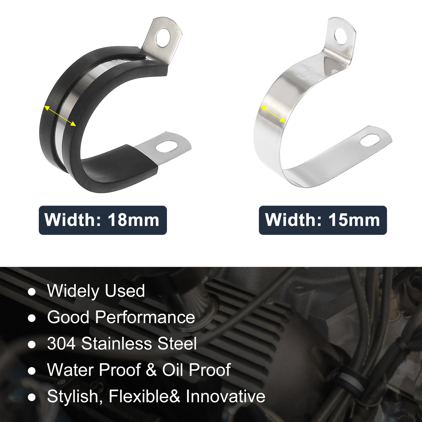 Harfington 10pcs R Shape Automotive 304 Stainless Steel Cable Clamp Rubber Cushioned Metal Clamp Fastener for Tube Pipe Wire Installation