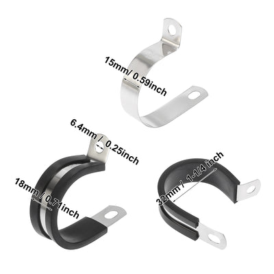 Harfington 10pcs R Shape Automotive 304 Stainless Steel Cable Clamp Rubber Cushioned Metal Clamp Fastener for Tube Pipe Wire Installation