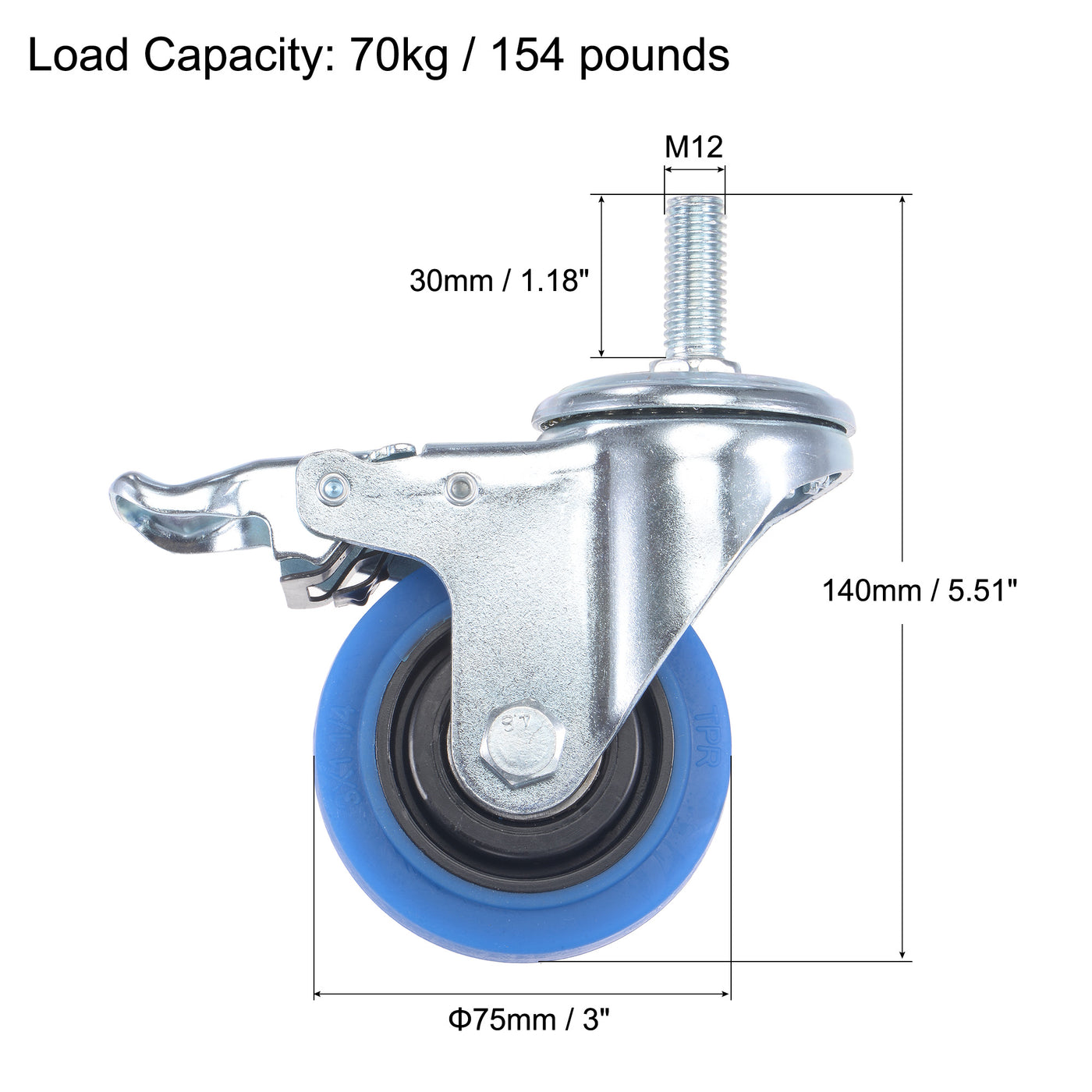 Harfington Swivel Stem Caster with Brake 3" Diameter 154Lbs Load Capacity, for Workbench, TPR, Blue, Pack of 4