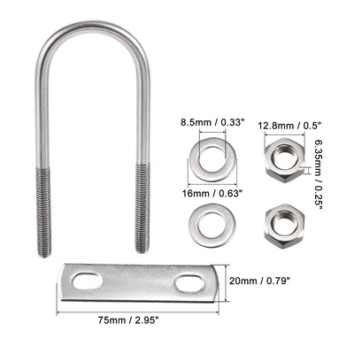 Harfington Round U-Bolt M8x44mmx129mm 304 Stainless Steel with Nut Plate Washer