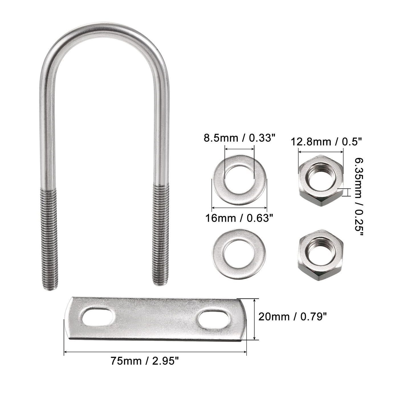 Harfington Round U-Bolt M8x44mmx129mm 304 Stainless Steel with Nut Plate Washer
