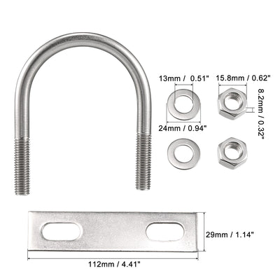 Harfington Round U-Bolt M10x62mmx94mm 304 Stainless Steel with Nut Plate Washer