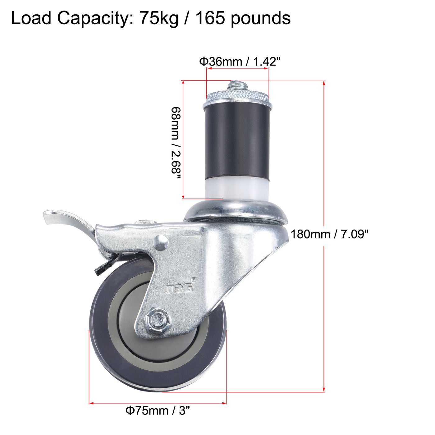Harfington Swivel Expanding Stem Caster with Brake Load Capacity, for Kitchen Prep Tables, Rubber
