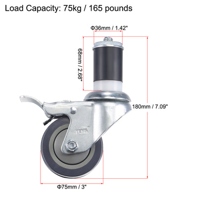 Harfington Swivel Expanding Stem Caster with Brake Load Capacity, for Kitchen Prep Tables, Rubber