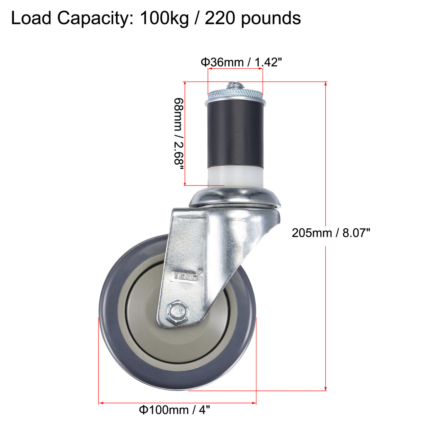 Harfington Swivel Expanding Stem Caster Diameter Load Capacity, for Kitchen Prep Tables, Rubber