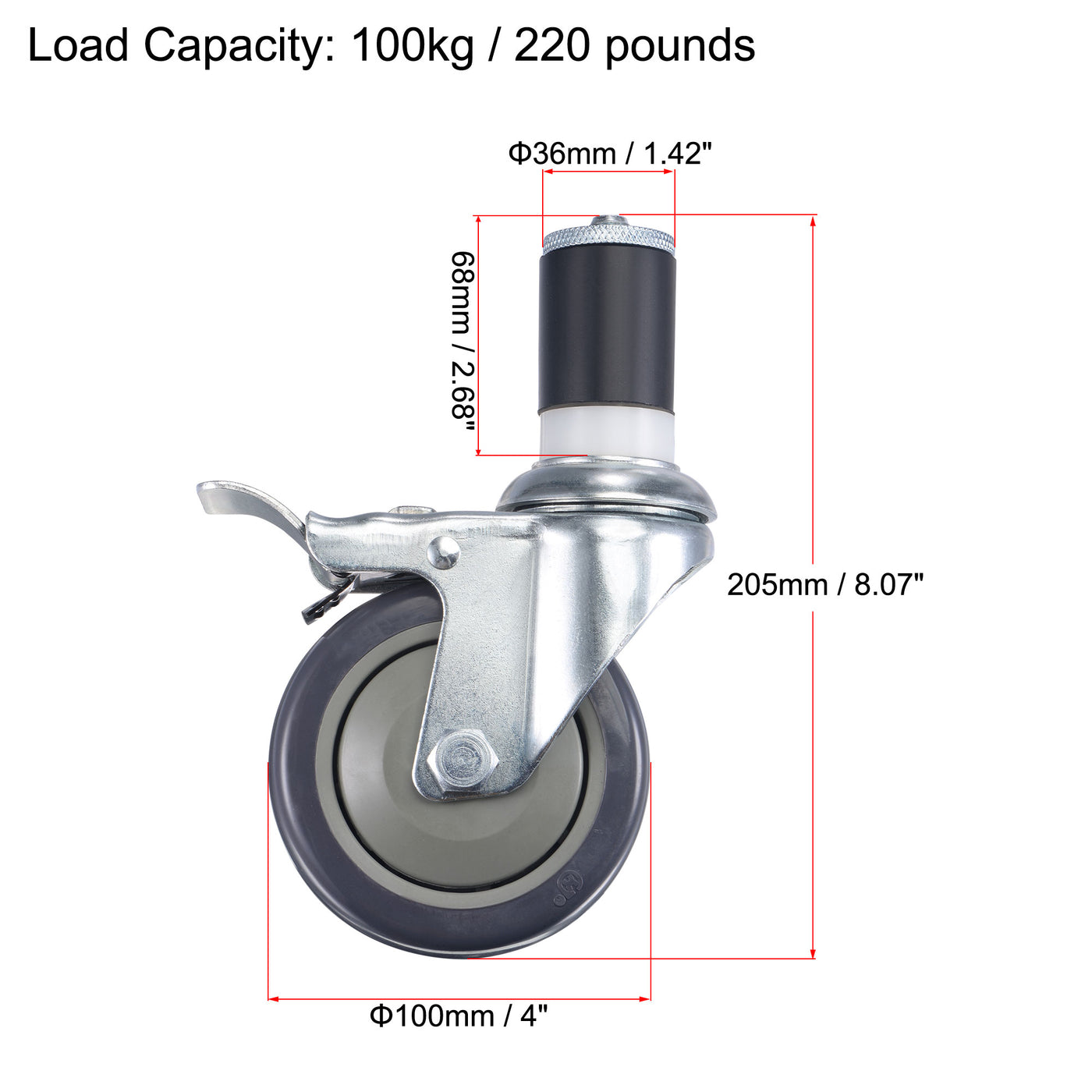 Harfington Swivel Expanding Stem Caster with Brake Load Capacity, for Kitchen Prep Tables, Rubber