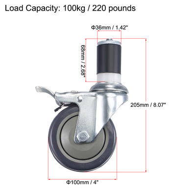 Harfington Swivel Expanding Stem Caster with Brake Load Capacity, for Kitchen Prep Tables, Rubber