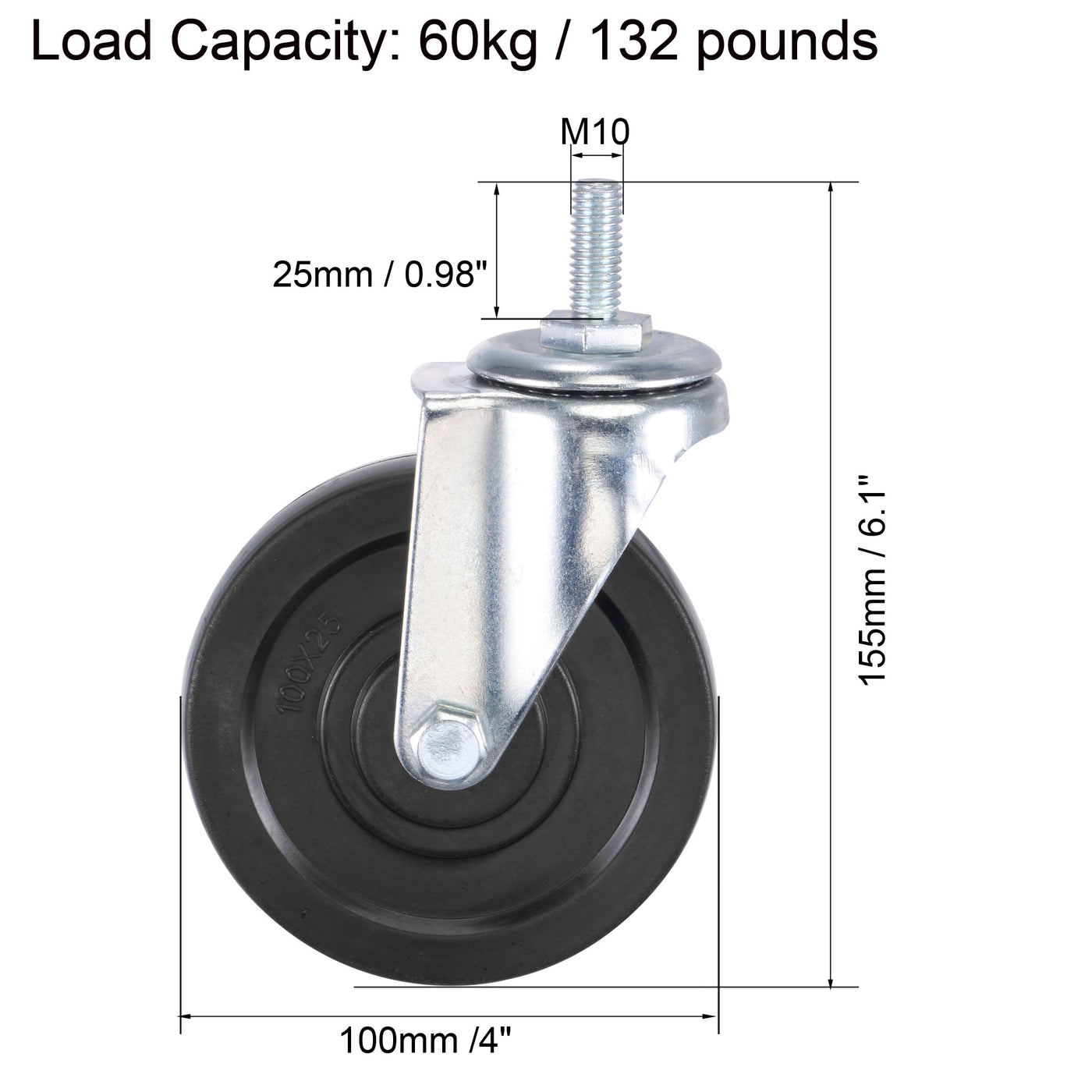 Harfington Swivel Stem Caster 4" Diameter 132Lbs Load Capacity, Rubber, Black