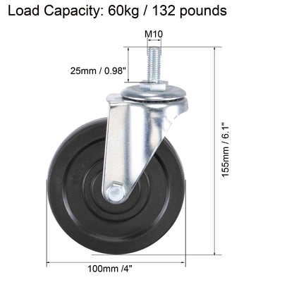 Harfington Swivel Stem Caster 4" Diameter 132Lbs Load Capacity, Rubber, Black