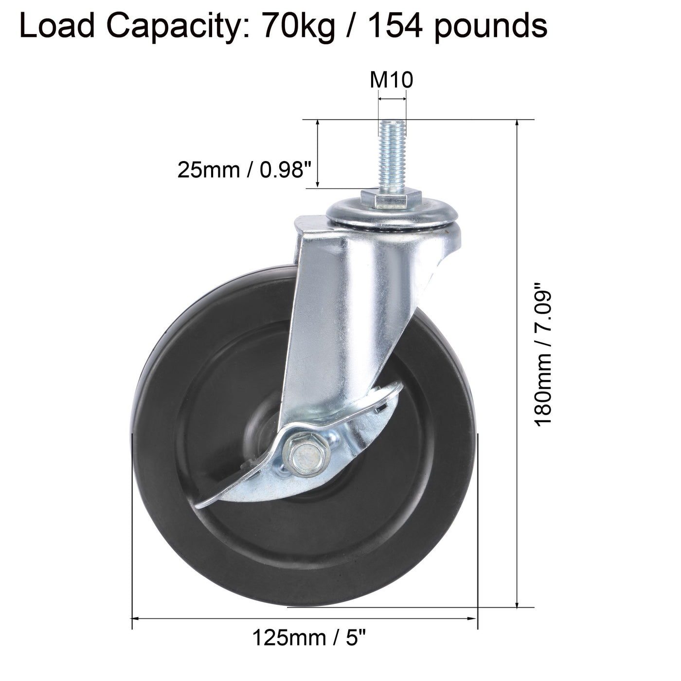 Harfington Swivel Stem Caster with Brake 5" Dia 154Lbs Load Capacity, Rubber, Black