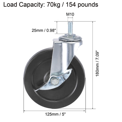Harfington Swivel Stem Caster with Brake 5" Dia 154Lbs Load Capacity, Rubber, Black