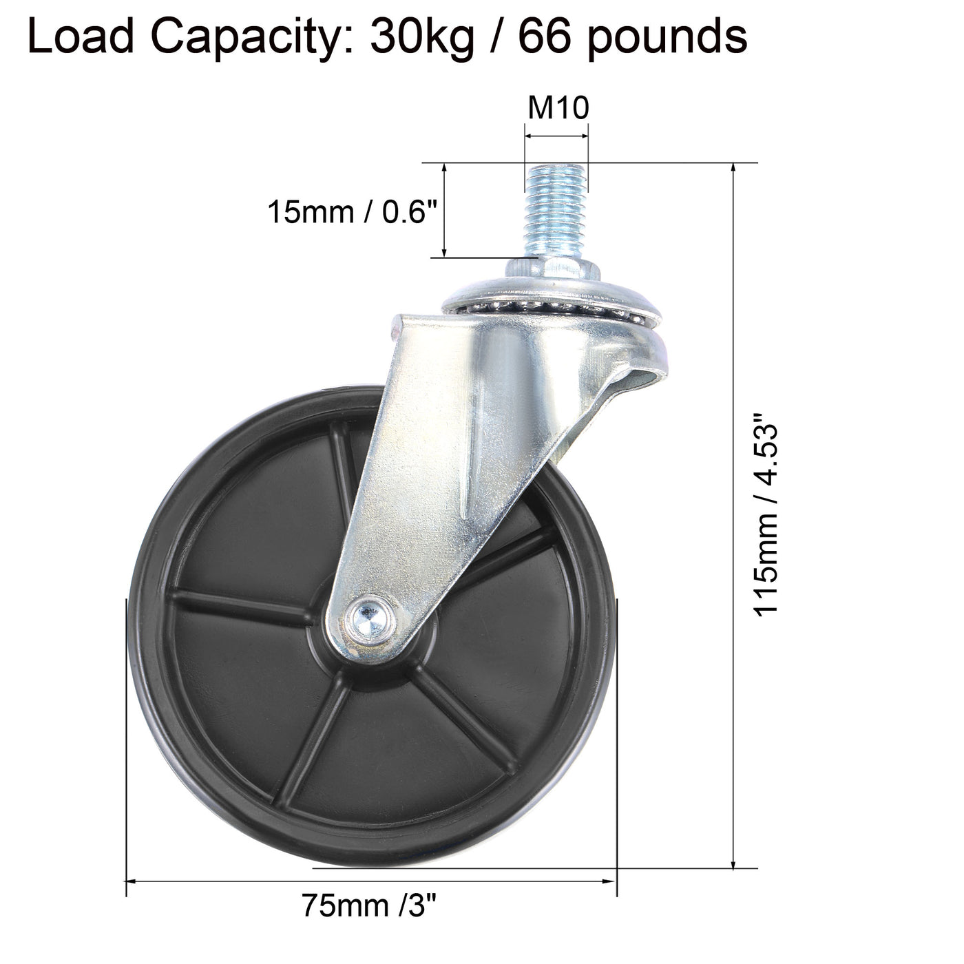 Harfington Swivel Stem Caster 3" Diameter 66Lbs Load Capacity, TPE, Black
