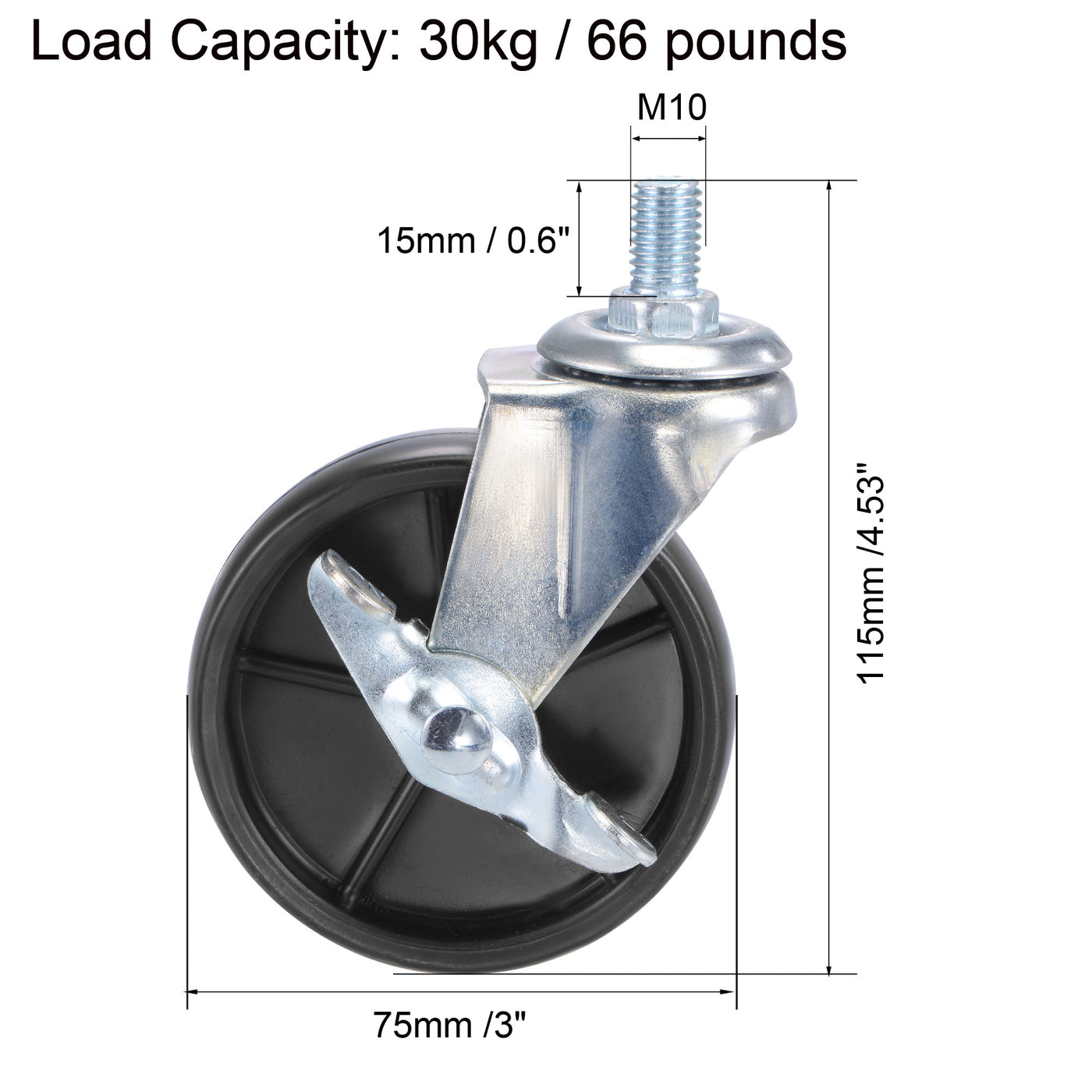 Harfington Swivel Stem Caster with Brake Load Capacity, for Trolley, TPE
