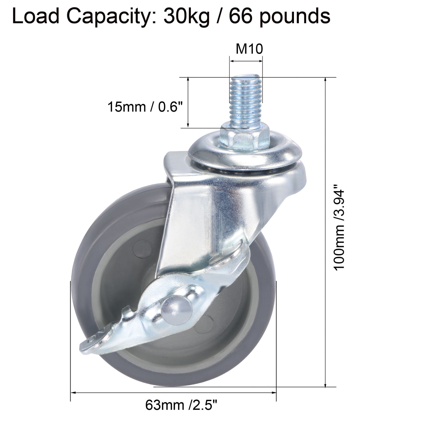 Harfington Swivel Stem Caster with Brake 2.5" Dia 66Lbs Load Capacity, TPE, Gray, 4pcs