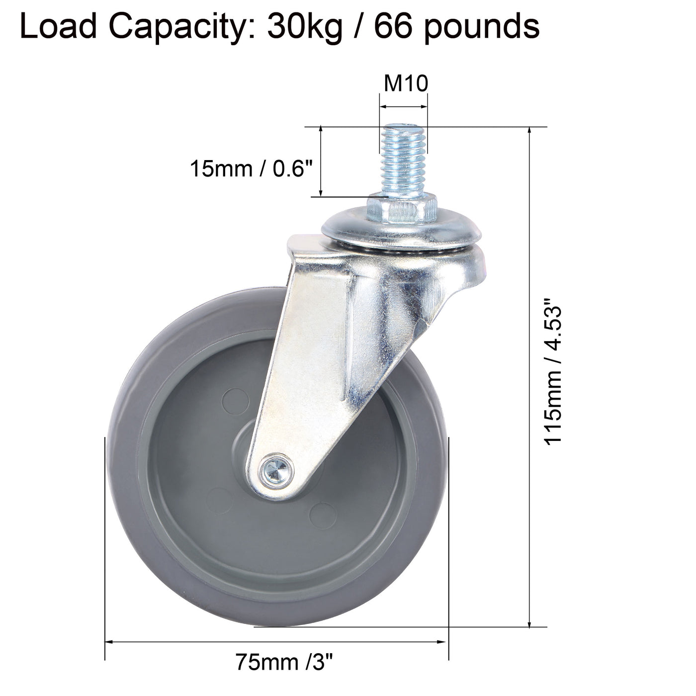 Harfington Swivel Stem Caster 3" Diameter 66Lbs Load Capacity, TPE, Gray, 2pcs
