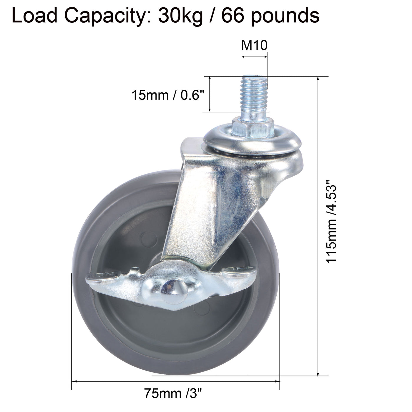 Harfington Swivel Stem Caster with Brake 3" Dia 66Lbs Load Capacity, TPE, Gray, 4pcs