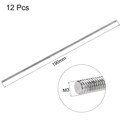 Harfington 12Pcs M3 x 190mm Fully Threaded Rod 304 Stainless Steel Right Hand Threads