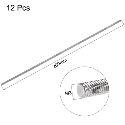 Harfington 12Pcs M3 x 200mm Fully Threaded Rod 304 Stainless Steel Right Hand Threads