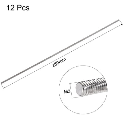 Harfington 12Pcs M3 x 250mm Fully Threaded Rod 304 Stainless Steel Right Hand Threads