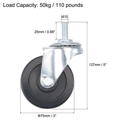 Harfington Swivel Stem Caster 3" Diameter 110Lbs Load Capacity, Rubber, Black, Pack of 4