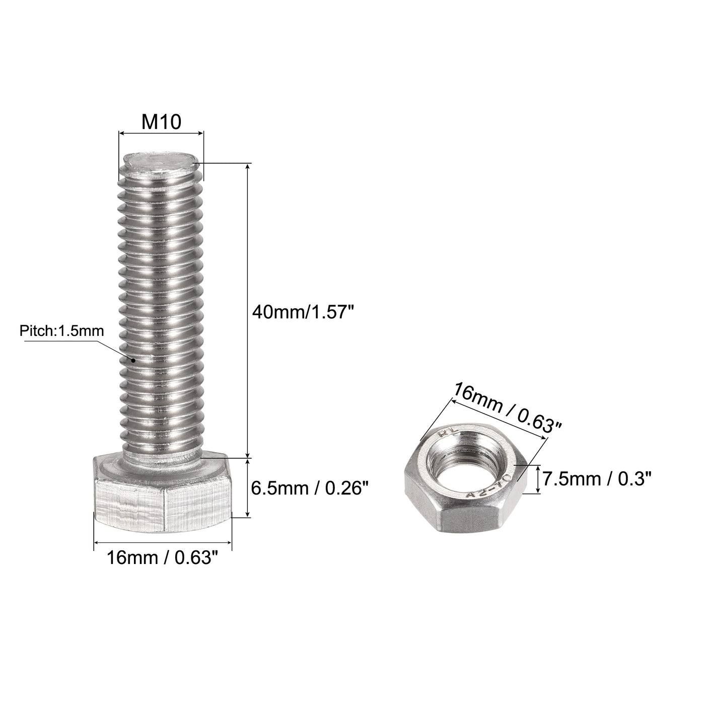 Harfington Hex Head Screw Bolts, Nuts, Flat & Lock Washers Kits, 304 Stainless Steel Fully Thread Hexagon Bolt 4 Sets