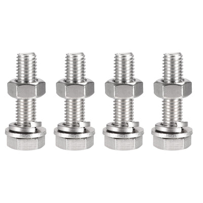 Harfington Hex Head Screw Bolts, Nuts, Flat & Lock Washers Kits, 304 Stainless Steel Fully Thread Hexagon Bolt 4 Sets