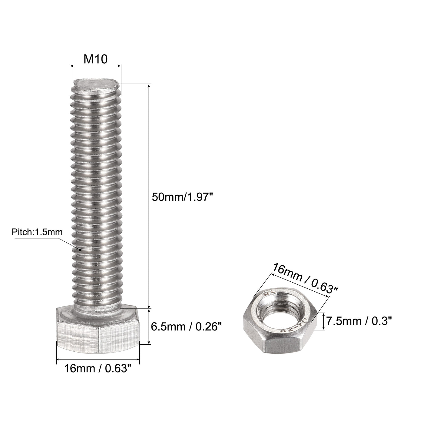 Harfington Hex Head Screw Bolts, Nuts, Flat & Lock Washers Kits, 304 Stainless Steel Fully Thread Hexagon Bolt 4 Sets