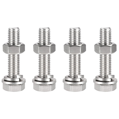 Harfington Hex Head Screw Bolts, Nuts, Flat & Lock Washers Kits, 304 Stainless Steel Fully Thread Hexagon Bolt 4 Sets