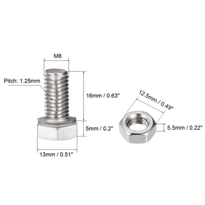 Harfington Hex Head Screws Bolts, Nuts, Flat & Lock Washers Kits, 304 Stainless Steel Fully Thread Hexagon Bolts 4 Set