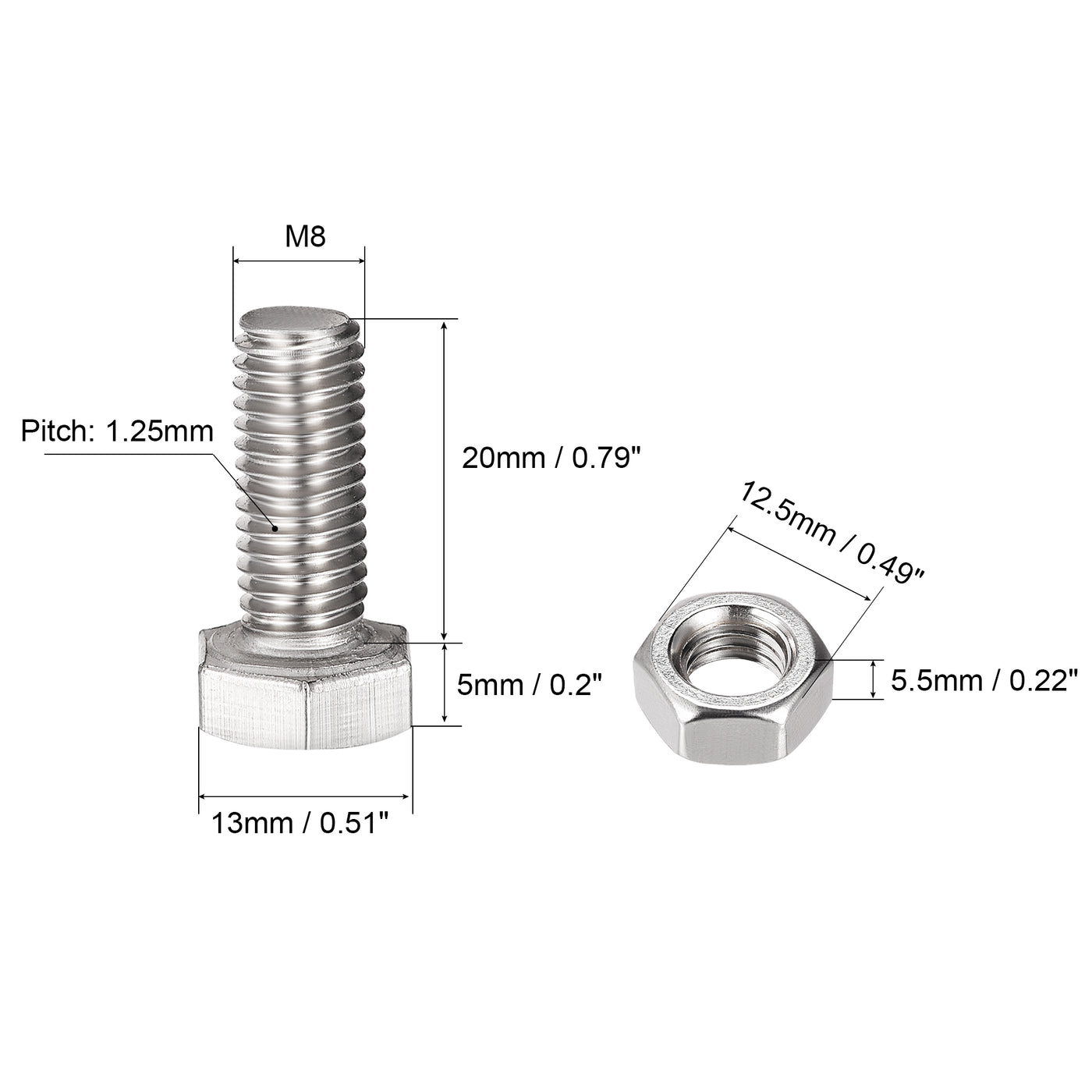 Harfington Hex Head Screws Bolts, Nuts, Flat & Lock Washers Kits, 304 Stainless Steel Fully Thread Hexagon Bolts 4 Set