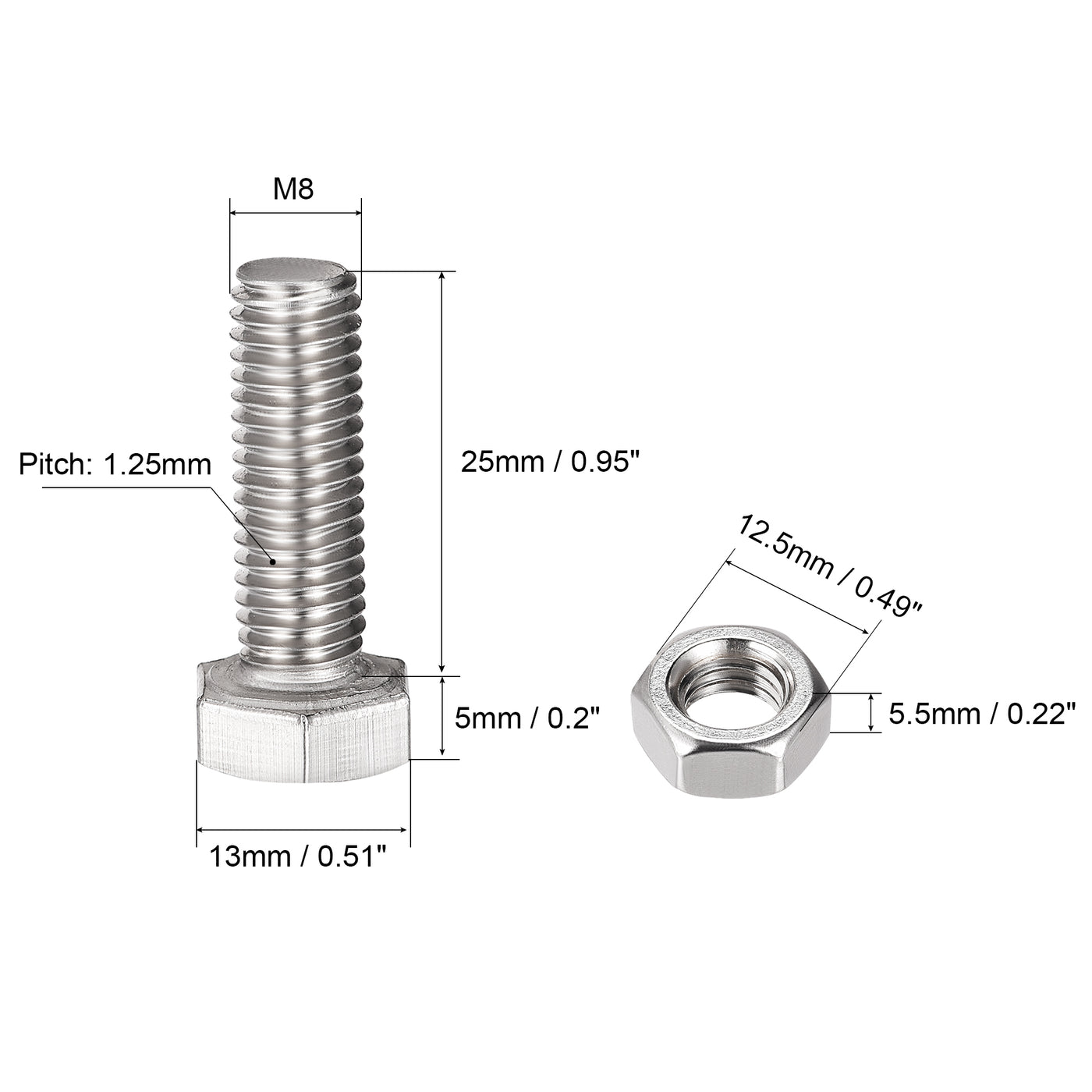 Harfington Hex Head Screws Bolts, Nuts, Flat & Lock Washers Kits, 304 Stainless Steel Fully Thread Hexagon Bolt 6 Set