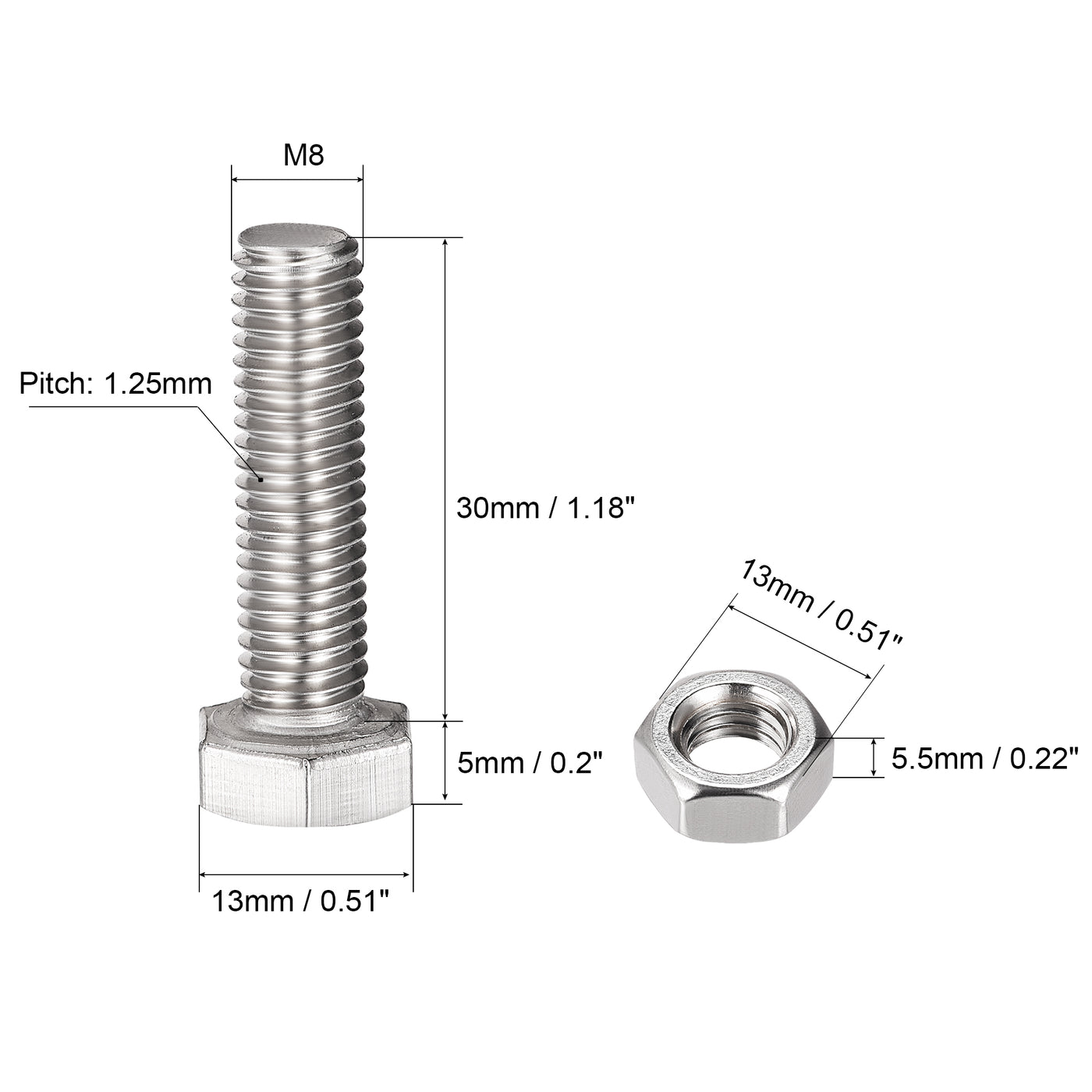 Harfington Hex Head Screws Bolts, Nuts, Flat & Lock Washers Kits, 304 Stainless Steel Fully Thread Hexagon Bolts 4 Set
