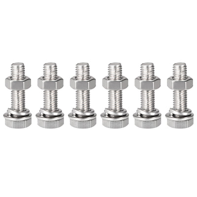 Harfington Hex Head Screws Bolts, Nuts, Flat & Lock Washers Kits, 304 Stainless Steel Fully Thread Hexagon Bolt 6 Set