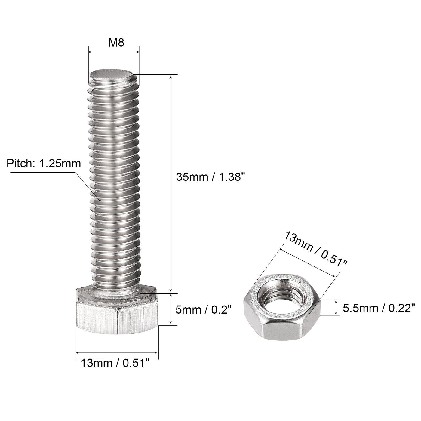 Harfington Hex Head Screws Bolts, Nuts, Flat & Lock Washers Kits, 304 Stainless Steel Fully Thread Hexagon Bolt 6 Set