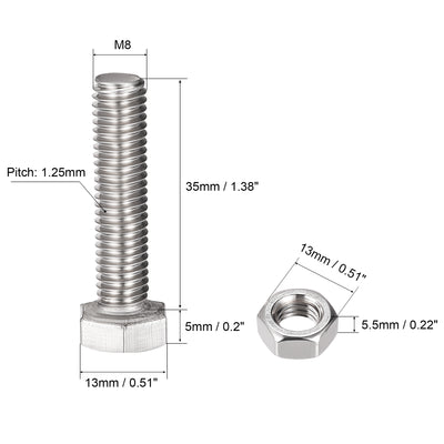 Harfington Hex Head Screws Bolts, Nuts, Flat & Lock Washers Kits, 304 Stainless Steel Fully Thread Hexagon Bolt 6 Set
