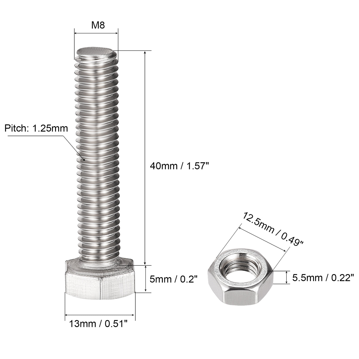 Harfington Hex Head Screws Bolts, Nuts, Flat & Lock Washers Kits, 304 Stainless Steel Fully Thread Hexagon Bolts 4 Set