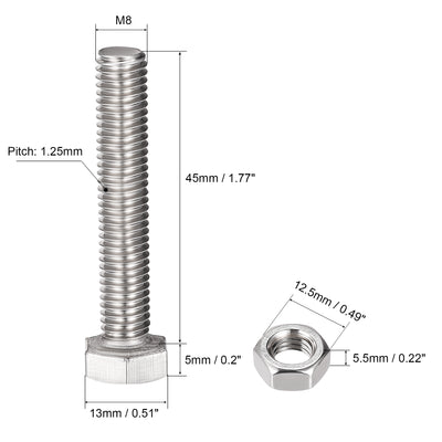 Harfington Hex Head Screws Bolts, Nuts, Flat & Lock Washers Kits, 304 Stainless Steel Fully Thread Hexagon Bolts 4 Set