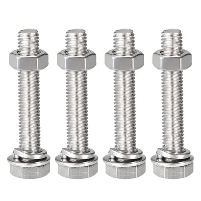 Harfington Hex Head Screws Bolts, Nuts, Flat & Lock Washers Kits, 304 Stainless Steel Fully Thread Hexagon Bolts 4 Set