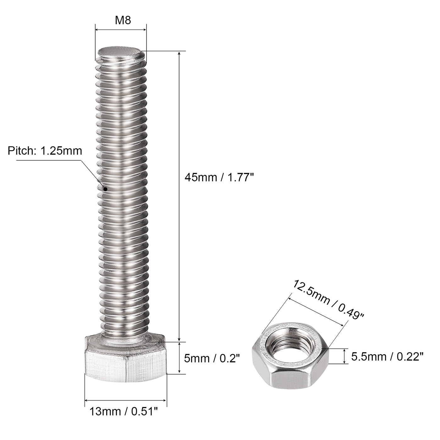 Harfington Hex Head Screws Bolts, Nuts, Flat & Lock Washers Kits, 304 Stainless Steel Fully Thread Hexagon Bolt 6 Set