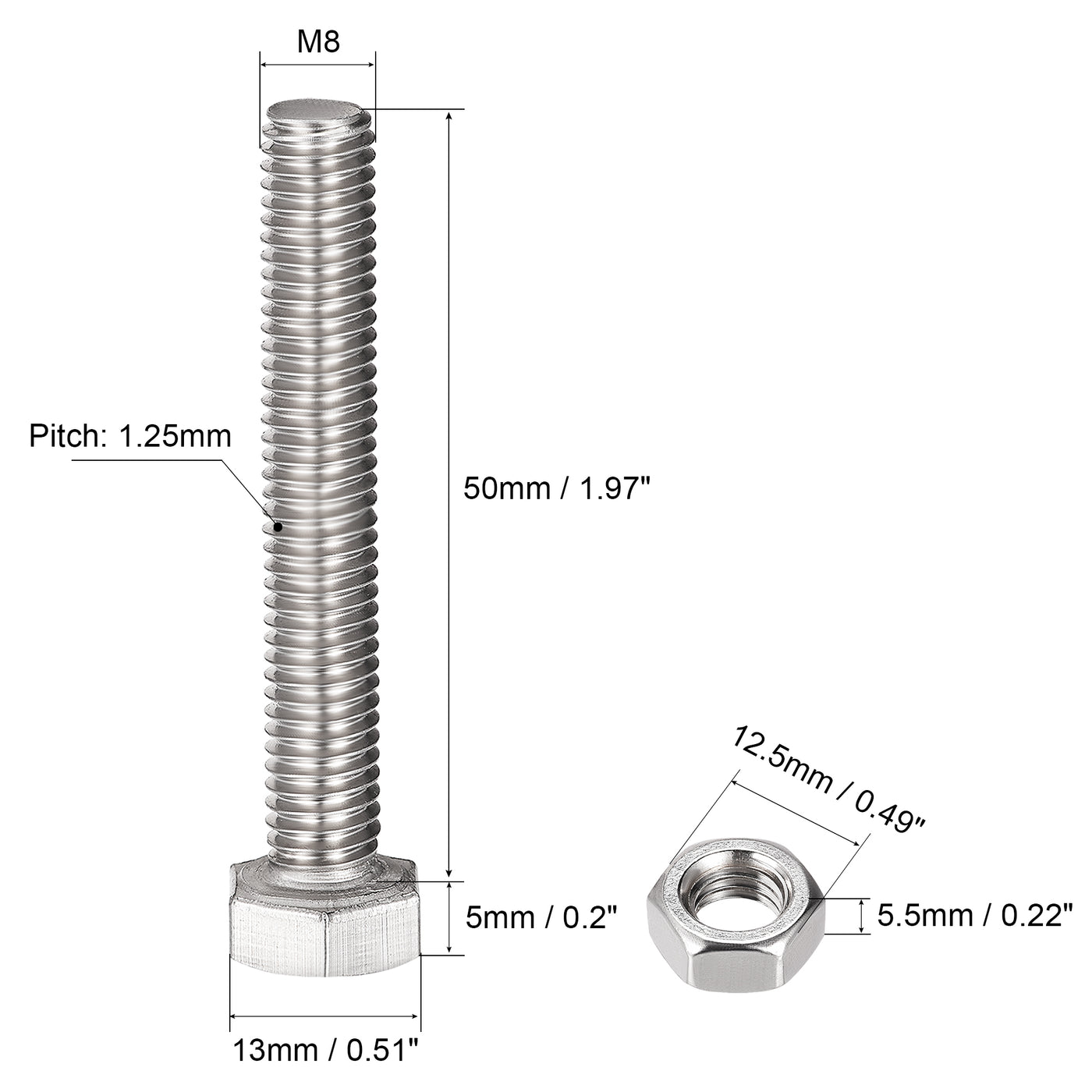 Harfington Hex Head Screws Bolts, Nuts, Flat & Lock Washers Kits, 304 Stainless Steel Fully Thread Hexagon Bolts 6 Sets