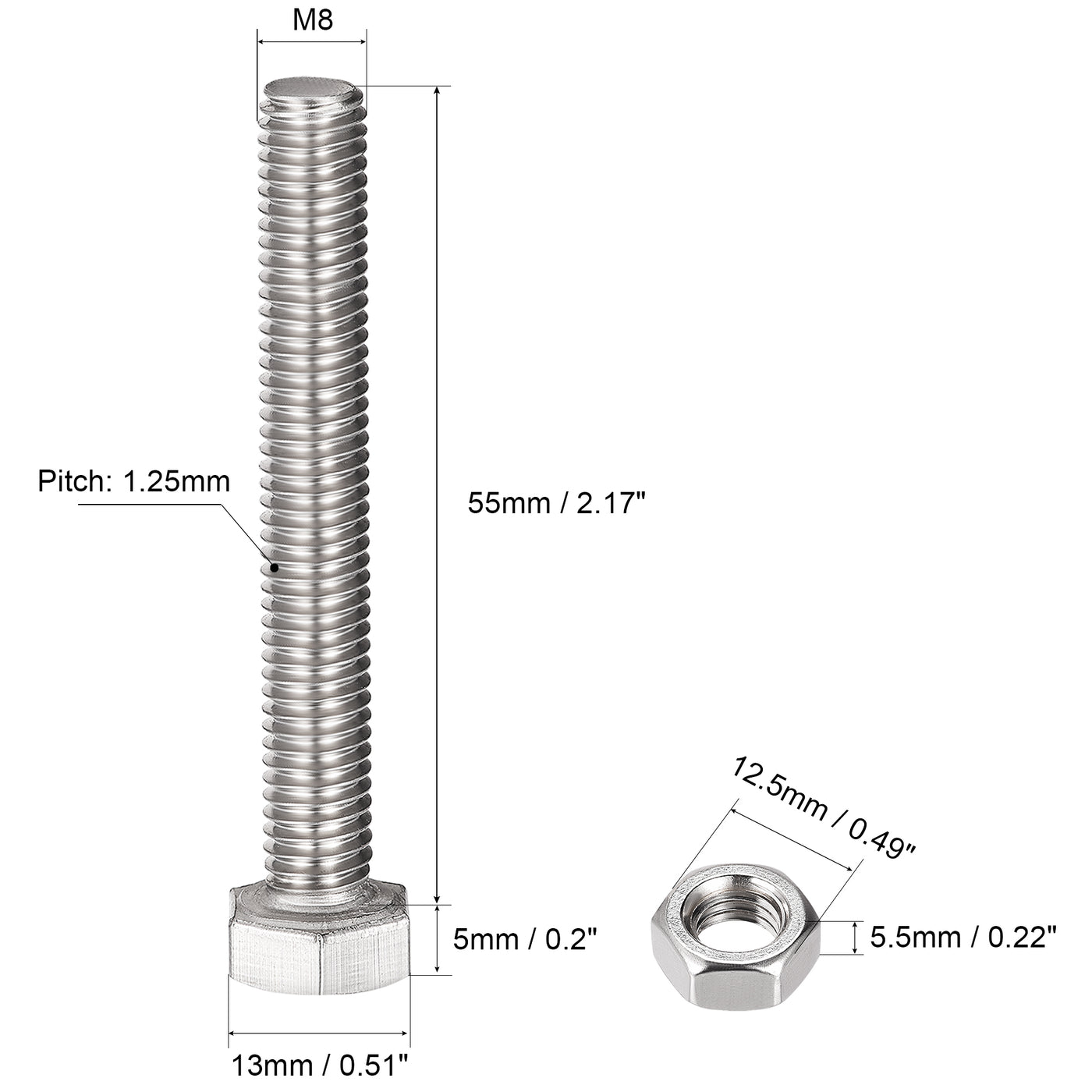 Harfington Hex Head Screws Bolts, Nuts, Flat & Lock Washers Kits, 304 Stainless Steel Fully Thread Hexagon Bolts 6 Sets