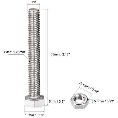 Harfington Hex Head Screws Bolts, Nuts, Flat & Lock Washers Kits, 304 Stainless Steel Fully Thread Hexagon Bolts 6 Sets