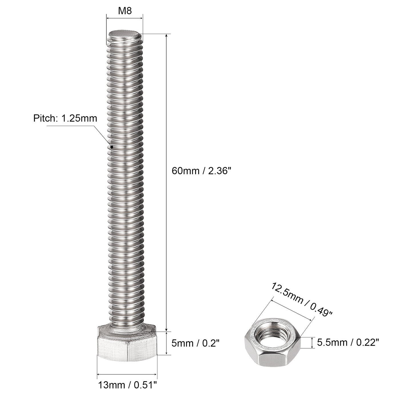 Harfington Hex Head Screws Bolts, Nuts, Flat & Lock Washers Kits, 304 Stainless Steel Fully Thread Hexagon Bolts 6 Sets