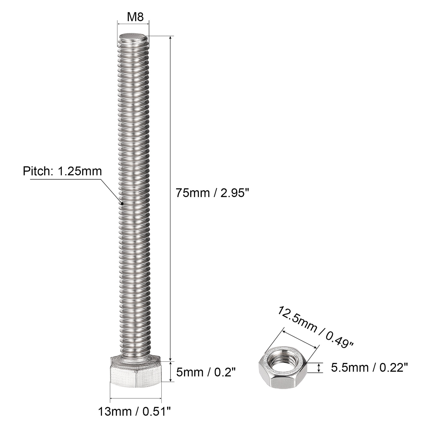 Harfington Hex Head Screws Bolts, Nuts, Flat & Lock Washers Kits, 304 Stainless Steel Fully Thread Hexagon Bolts 6 Sets