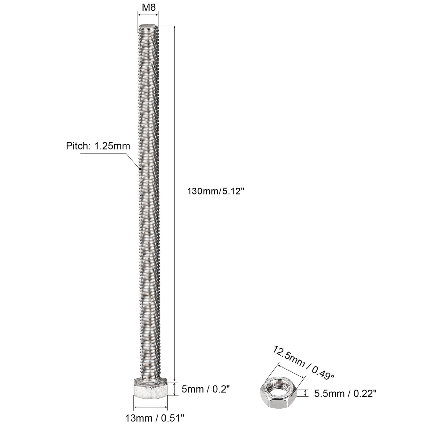 Harfington Hex Head Screws Bolts, Nuts, Flat & Lock Washers Kits, 304 Stainless Steel Fully Thread Hexagon Bolts 5 Sets